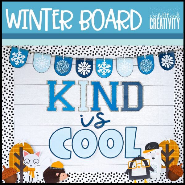 Shows a Winter Bulletin Board perfect for a teacher to use to set up their December bulletin board