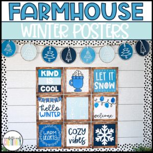 Shows 9 different farmhouse winter posters a teacher can decorate their board for winter with. Also great for teachers to use for decorating a December bulletin board