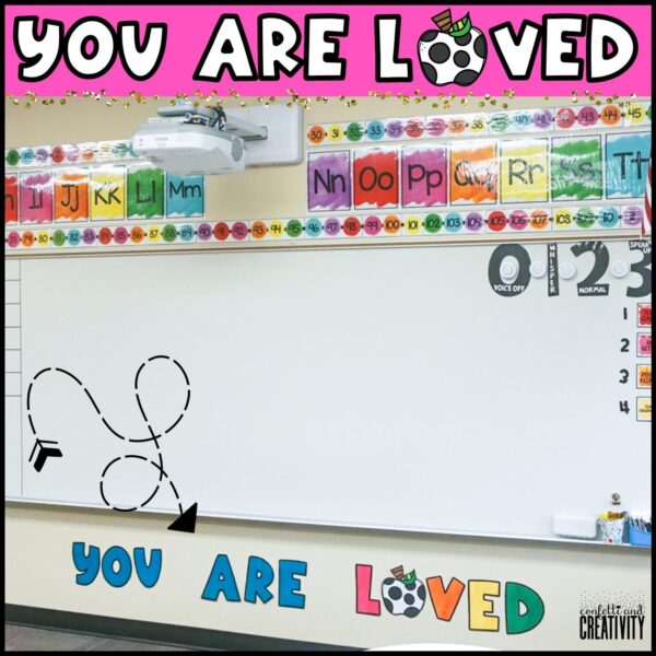 Shows the letters "You Are Loved" Perfect for putting on a classroom wall. The letters are a part of the Watercolor Classroom Theme