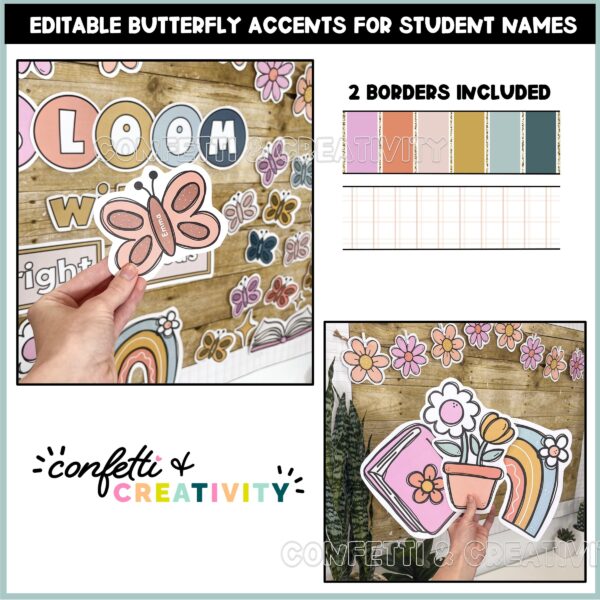 Spring Bulletin Board - Bloom with Bright Ideas Shows a close up of the color palette and clipart from the Srping bulletin board that says "bloom with bright ideas"