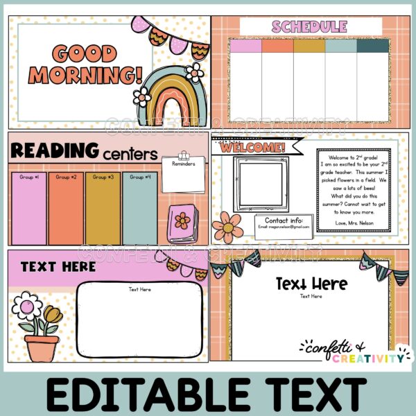 Spring Classroom Google Slide Templates 2 Shows multiple slide template layouts and options for teachers to use in their classroom