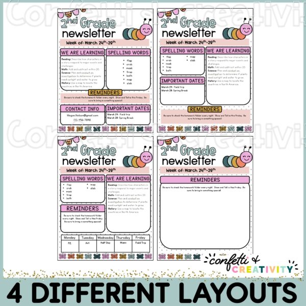 Spring Classroom Newsletters 2 Shows 4 different layout options for the Spring Classroom Newsletters