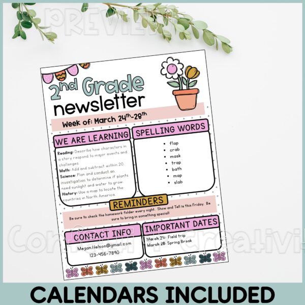 Spring Classroom Newsletters 3 Shows the Spring Classroom Newsletter set up in a stock photo