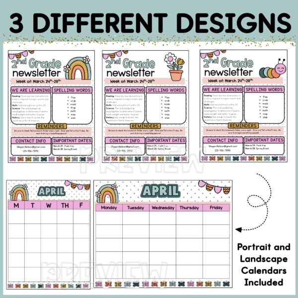 Spring Classroom Newsletters 4 Shows multiple different designs and printable calendars to put on the back of the newsletters